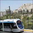 Athens tram with a view of Akropolis.